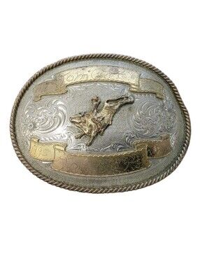 Montana Silversmiths Buckle Huge Bull Rider Dual Gold Banners Silver Vintage 3.5
